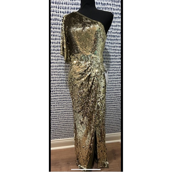 Mac Duggal Gold Sequin One Shoulder Gown Flutter Sleeve Formal Dress Size 4 - Picture 3 of 5